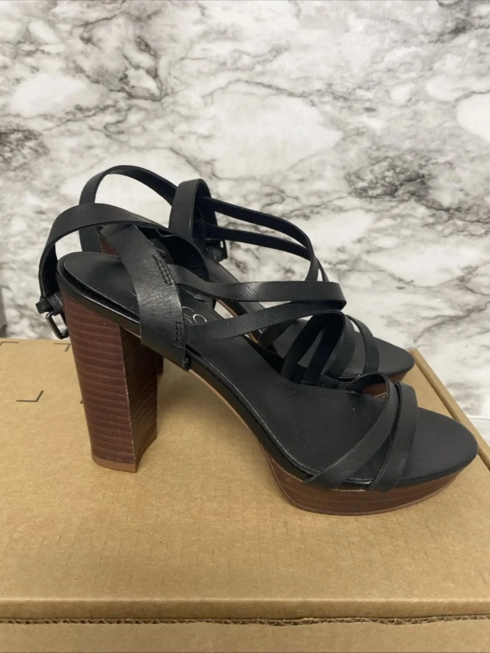 Franco Sarto Black Leather Strappy Heel Sandals